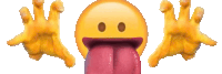 a smiley face with its tongue sticking out and two hands reaching out towards it