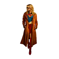 a woman in a superman costume is wearing a long brown coat