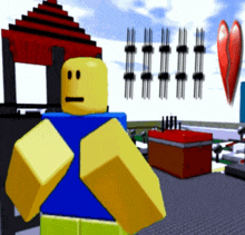 a roblox character with a sad face stands in front of a building