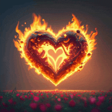 a heart made of fire is in a field of flowers .