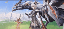 a girl with a sword standing next to a dragon in a field