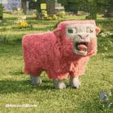 a pink sheep is standing in the grass with its tongue hanging out