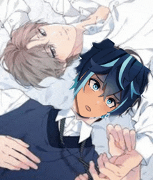 a drawing of a boy with blue hair laying next to another boy with brown hair