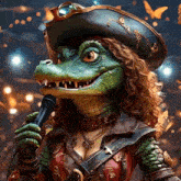 a cartoon crocodile wearing a pirate hat and holding a microphone