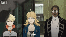 a group of anime characters are standing next to each other and one of them says wow