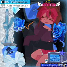 a picture of a girl holding a blue rose with the words a life what 's that on it