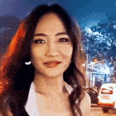 a painting of a woman 's face with a car in the background
