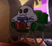 a cartoon ghost is sitting in a rocking chair with a bow tie