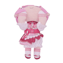 a stuffed doll with pink hair and a red and white dress has the letter x on the waist