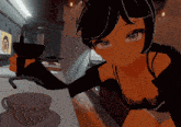 a cartoon girl is pouring a cup of coffee into a cup on a saucer