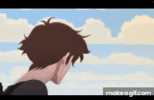 a boy with brown hair is standing in front of a cloudy sky .