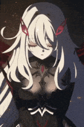 a drawing of a girl with long white hair and a black dress