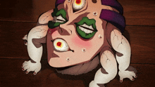a cartoon drawing of a frog with a purple hat and green eyes