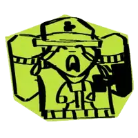 a yellow and black drawing of a cartoon character with the letters gk on his chest