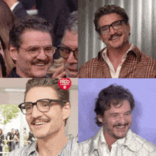 four pictures of a man with glasses and a red carpet label