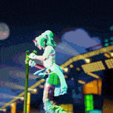 a girl with green hair is holding a microphone
