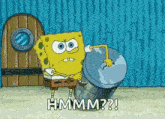 a cartoon of spongebob squarepants holding a trash can and saying hmm ?