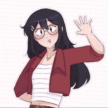 a drawing of a girl wearing glasses and a red jacket waving