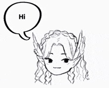 a black and white drawing of a woman with a speech bubble that says hi