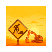 an illustration of a construction site with a yellow sign and an excavator
