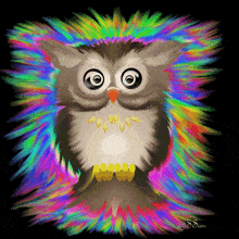 a painting of an owl with rainbow colored feathers and the name ssan on the bottom right