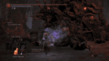a screenshot of a video game with a purple sword in the middle of a fire