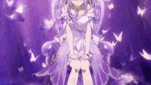 a girl in a purple dress is sitting in a chair with butterflies around her .