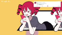 a drawing of a girl with red hair and red eyes holding a cell phone