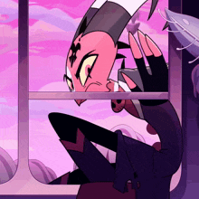 a cartoon character looking out a window with a skull on his shoulder