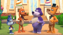 a group of cartoon dogs are standing in front of a building