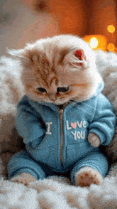 a kitten wearing a blue sweater that says i love you
