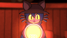 a cat with yellow eyes is holding a light bulb in her hand