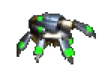 a pixel art of a robot with green arms and legs