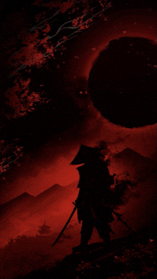 a samurai holding a sword stands in front of a large red object