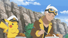 a man eating a plate of food next to a pikachu wearing a captain hat