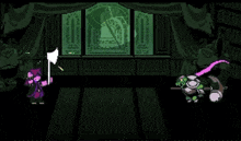 a video game character is fighting another character in a room with a purple and green background .