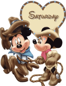 a cartoon of mickey mouse and minnie mouse in cowboy outfits