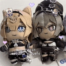 a couple of stuffed dolls sitting next to each other with the words mis y noin mascota y dueño on the bottom
