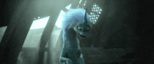 a cartoon dragon with a blue mane and horn is standing in a dark room