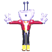 a pixel art of a cartoon character with arms outstretched and a purple head