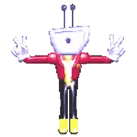 a pixel art of a cartoon character with arms outstretched and a purple head