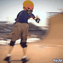 a cartoon of a person wearing a bandana and a mask riding a skateboard with the words gif jif below them