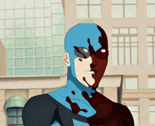 a cartoon of a superhero with half his face covered in blood