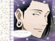 a picture of a man with purple hair and ear piercings with the words suguru de valele below him