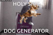 a dog is jumping in the air with the words holy shit dog generator above it