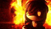 a cartoon character is standing in front of a fire with a helmet on .