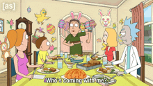 a cartoon of a family sitting around a table with the words who 's coming with me at the bottom
