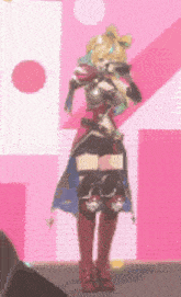 a cartoon character is standing in front of a pink background .