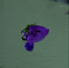 a purple strawberry with glasses and a flower on its head