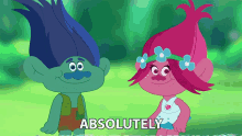 two trolls are standing next to each other and the word absolutely is on the screen